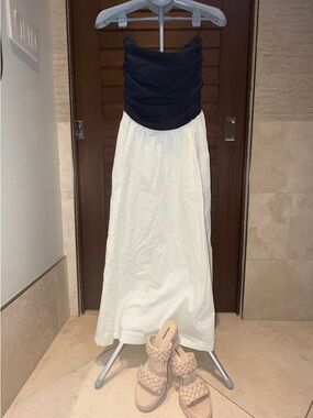 NEXT Strapless Navy & White Midi Dress NWT | Ruched Bodice Summer Dress